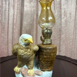 Vintage American Bald Eagle Oil Lamp Hand-Painted Porcelain w Glass Globe
